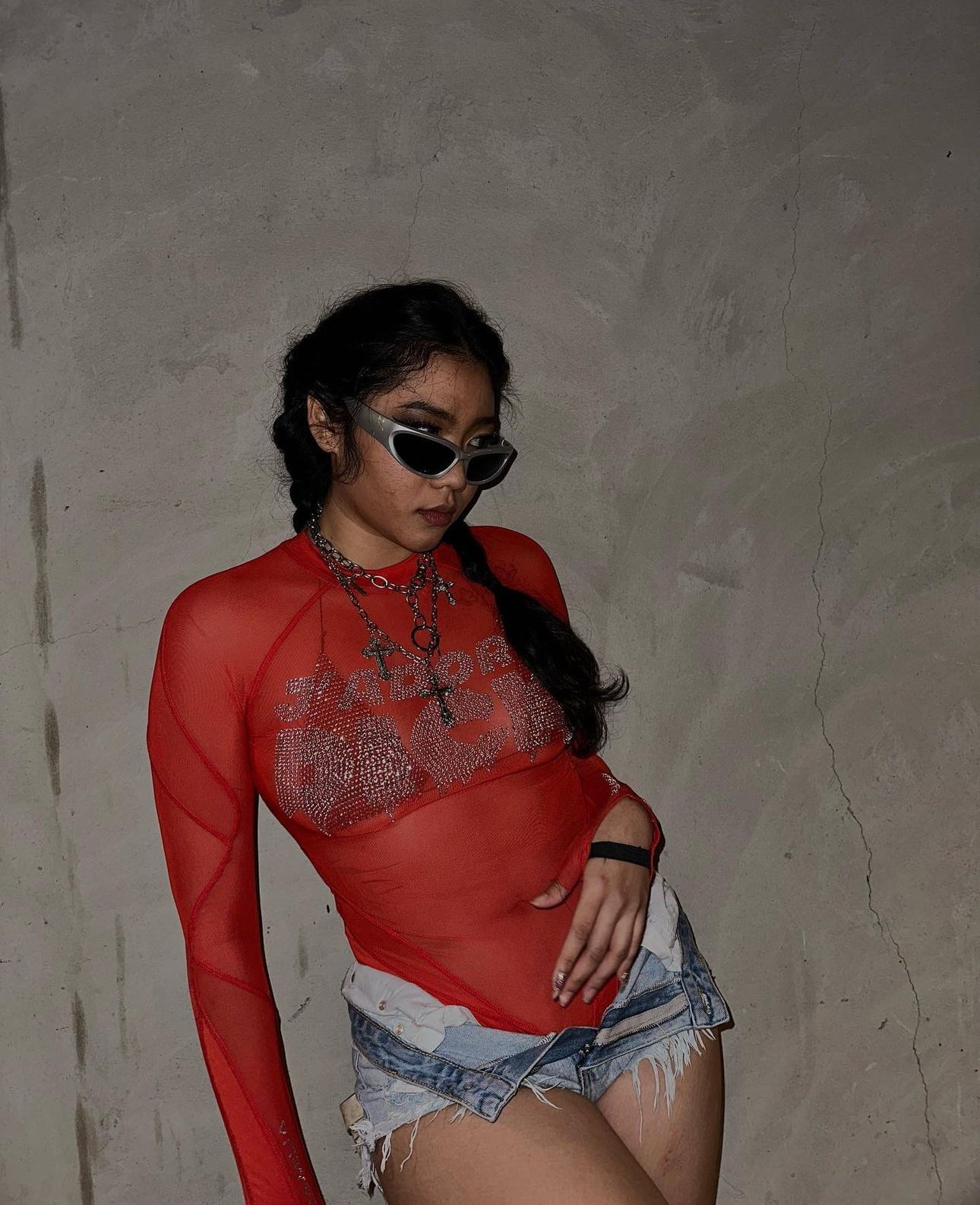 Red sheer bedazzled bodysuit