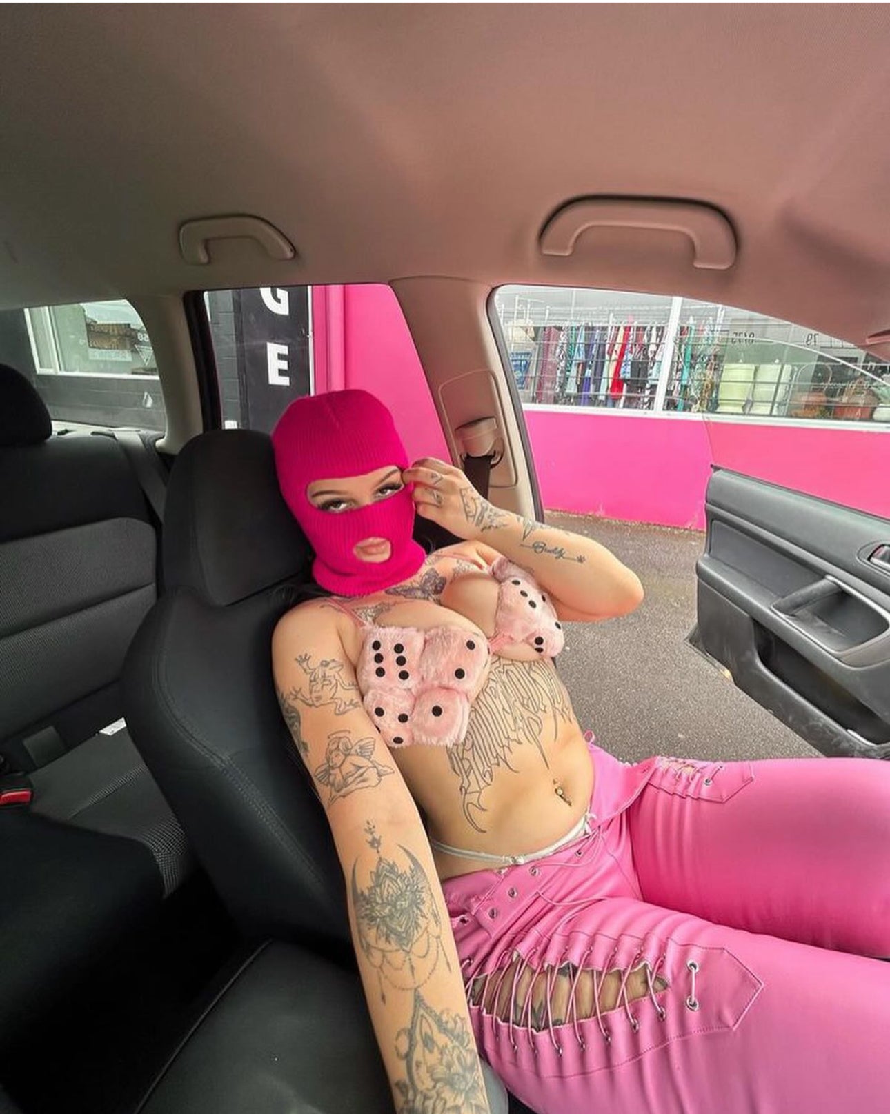 Pink fluffy dice bra