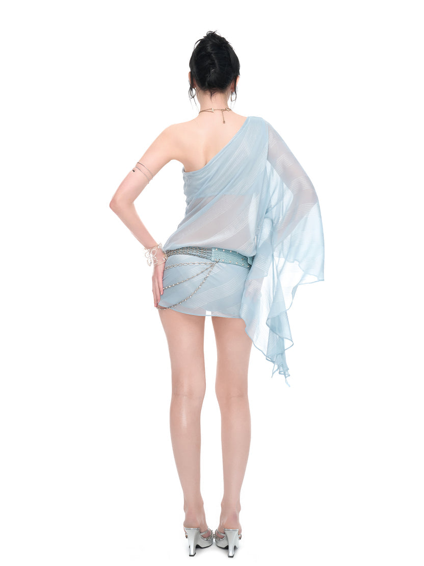 One-shoulder asymmetrical ice blue dress
