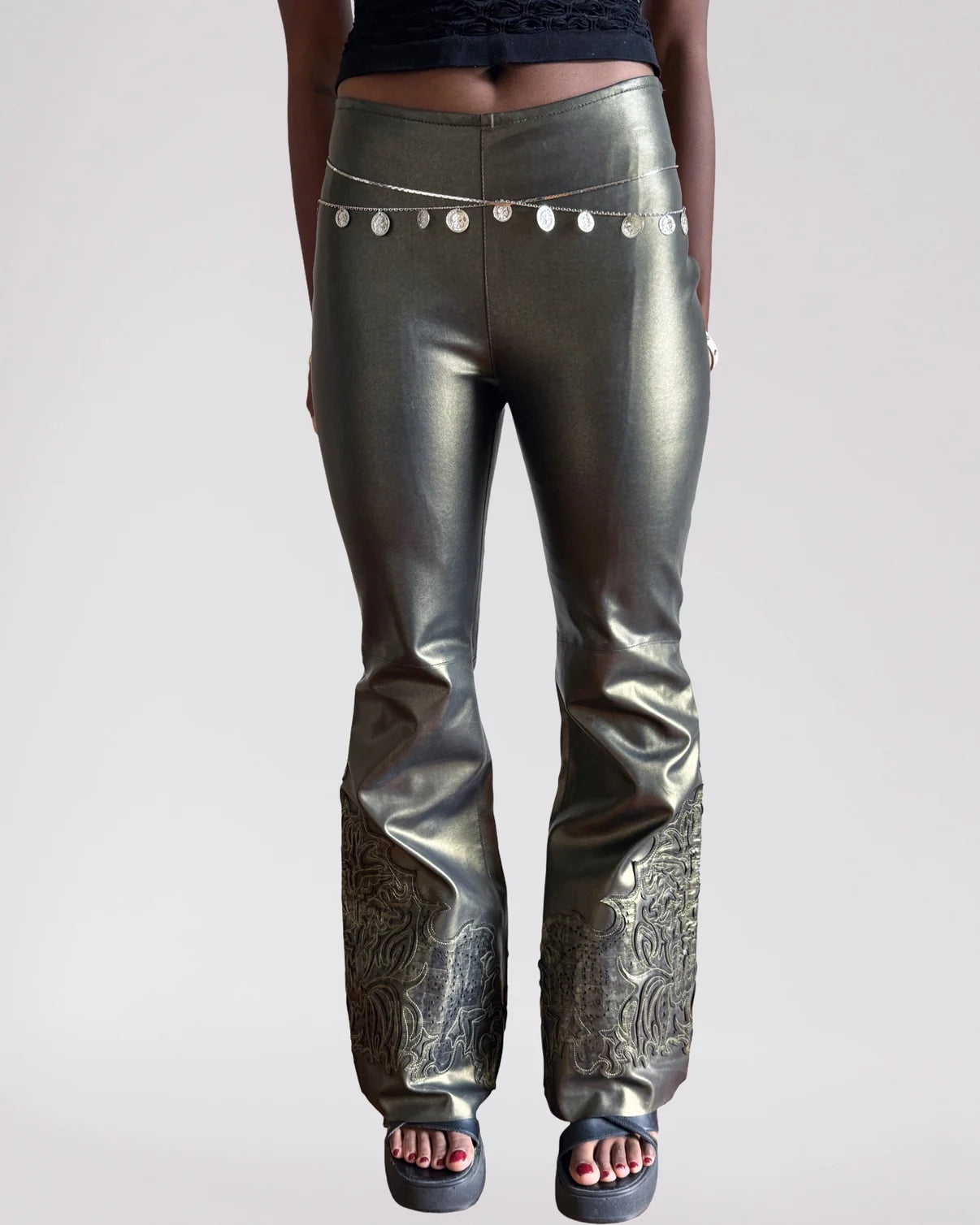 Gold faux leather flares