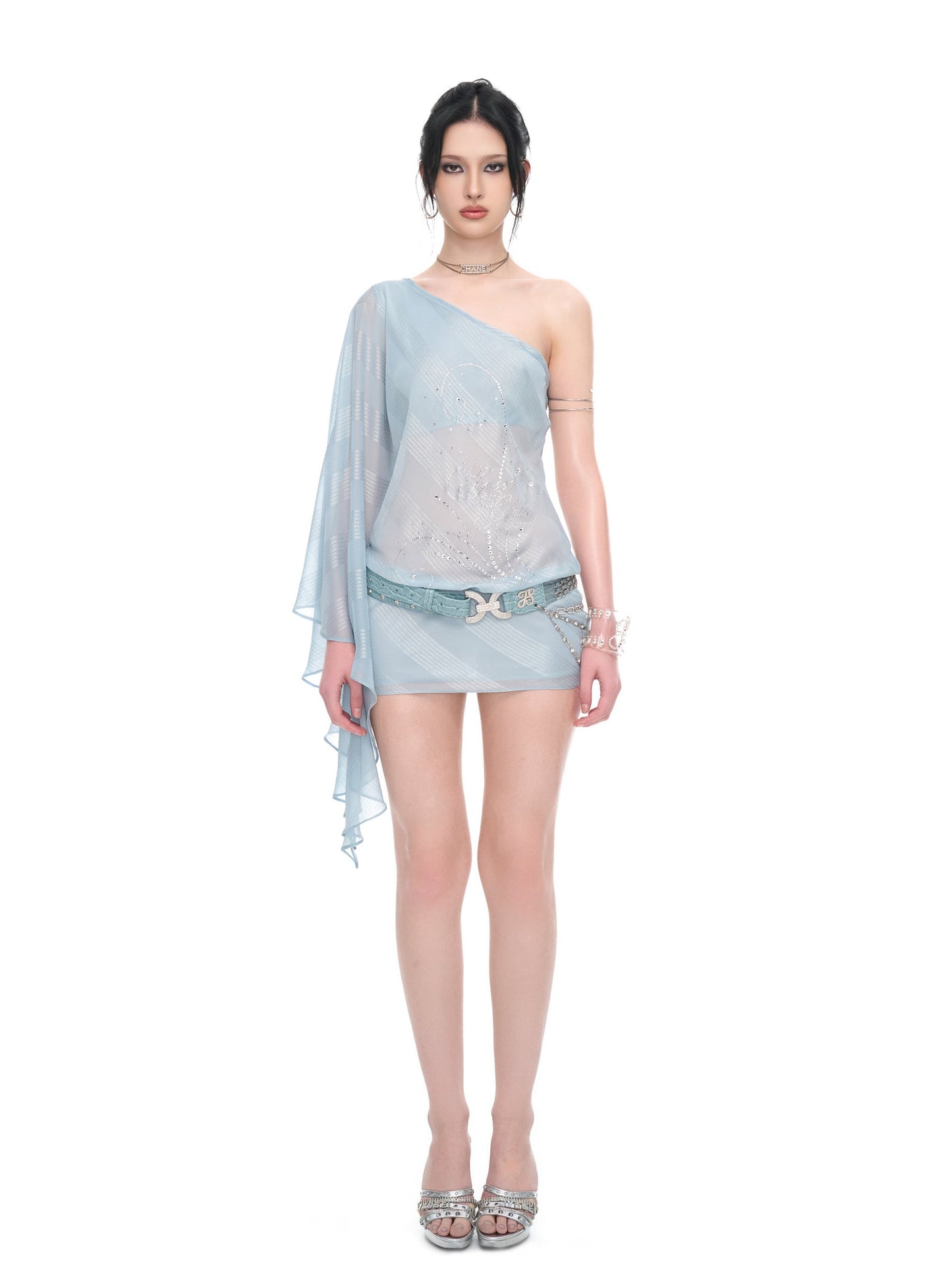 One-shoulder asymmetrical ice blue dress
