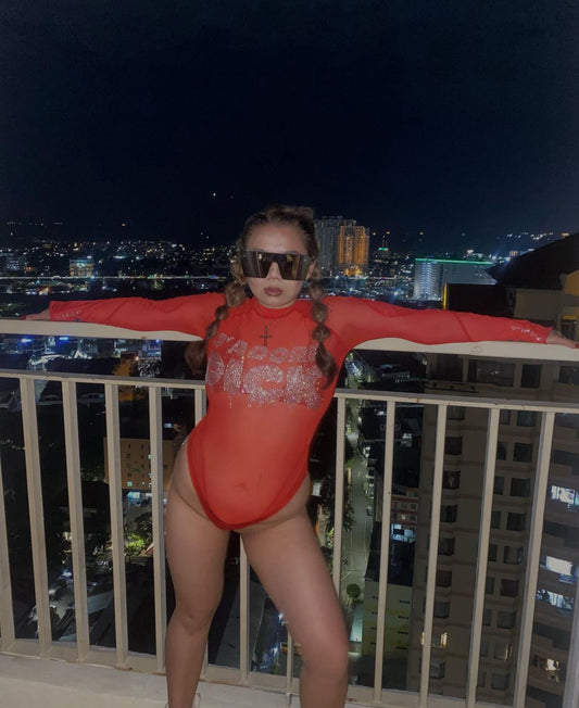Red sheer bedazzled bodysuit